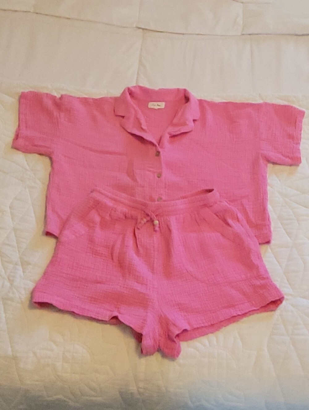 Love Notes Women’s 2Pc Set Hot Pink Cotton Button Top & Drawstring Shorts. L